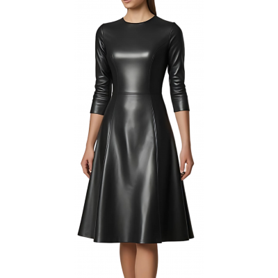 Robe jusqu'aux genoux en cuir d'agneau plongé noir manches deux tiers et bas évasé modèle Mina