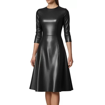 Robe jusqu'aux genoux en cuir d'agneau plongé noir manches deux tiers et bas évasé modèle Mina