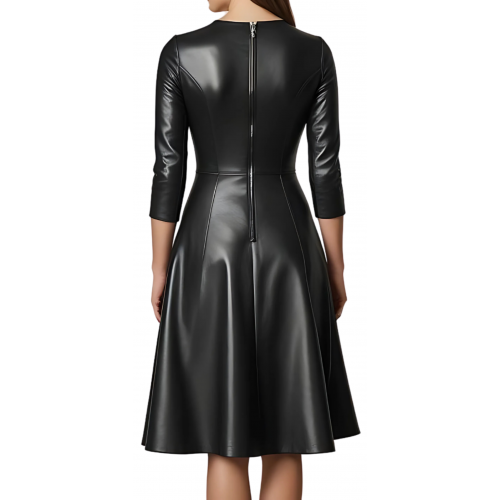 Robe jusqu'aux genoux en cuir d'agneau plongé noir manches deux tiers et bas évasé modèle Mina