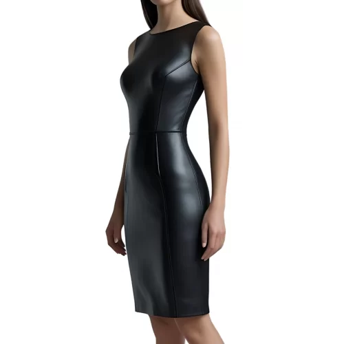 Robe mi longue type sireine en cuir d'agneau plongé noir sans manches modèle Fanzilla