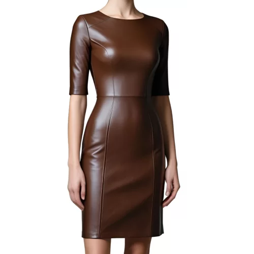 Robe mi longue en cuir d'agneau plongé marron chocolat manches courtes modèle Jirisse