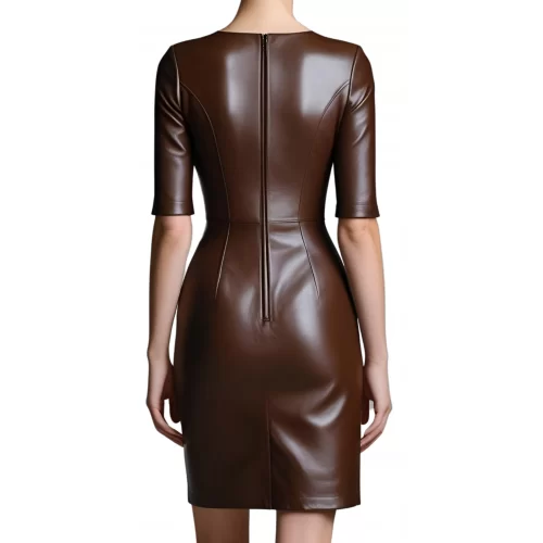 Robe mi longue en cuir d'agneau plongé marron chocolat manches courtes modèle Jirisse