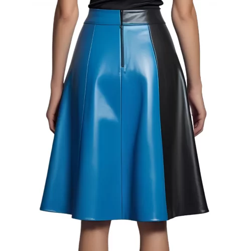 Jupe évasée jusqu'aux genoux en cuir d'agneau bicolore noir et bleu modèle Zilia