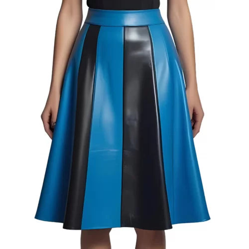 Jupe évasée jusqu'aux genoux en cuir d'agneau bicolore noir et bleu modèle Zilia