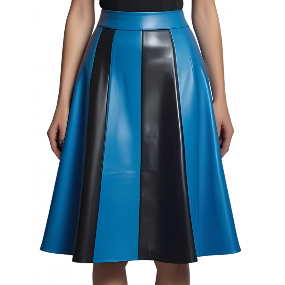 Jupe évasée jusqu'aux genoux en cuir d'agneau bicolore noir et bleu modèle Zilia