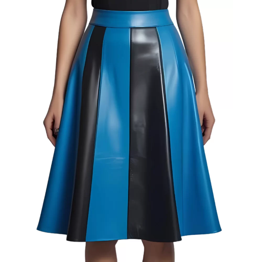 Jupe évasée jusqu'aux genoux en cuir d'agneau bicolore noir et bleu modèle Zilia