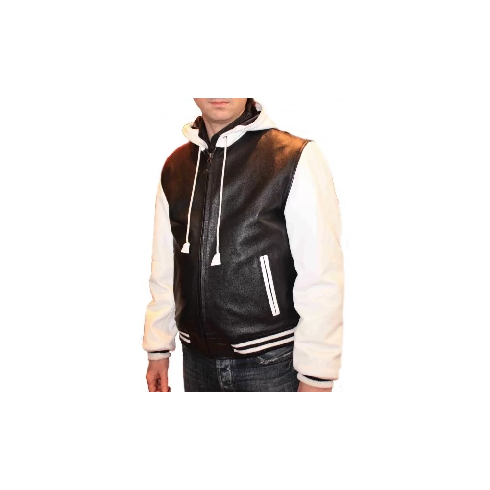 Blouson modèle Tromy bicolore noir et blanc, capuche, vachette