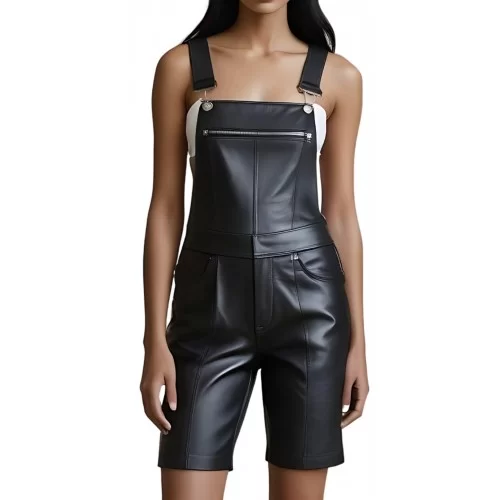 Short bernuda salopette en cuir d'agneau noir modèle Biza