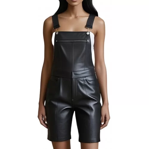 Short bernuda salopette en cuir d'agneau noir modèle Biza