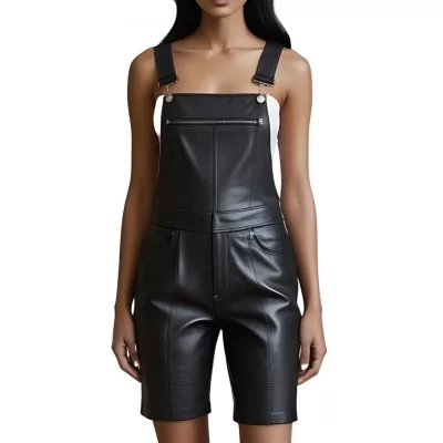 Short bernuda salopette en cuir d'agneau noir modèle Biza