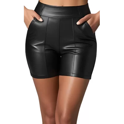 Short long en cuir d'agneau stretch noir modèle Ranna