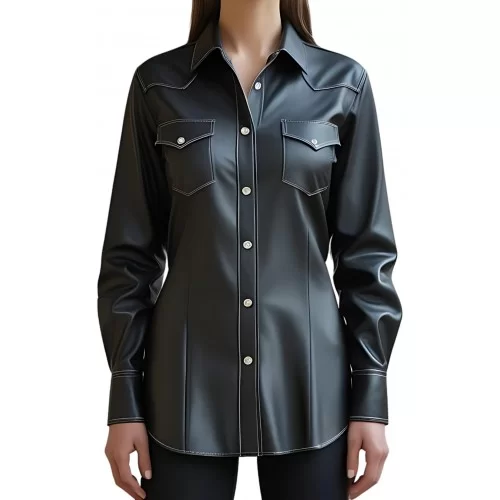 Chemise western en cuir d'agneau noir modèle Westrena