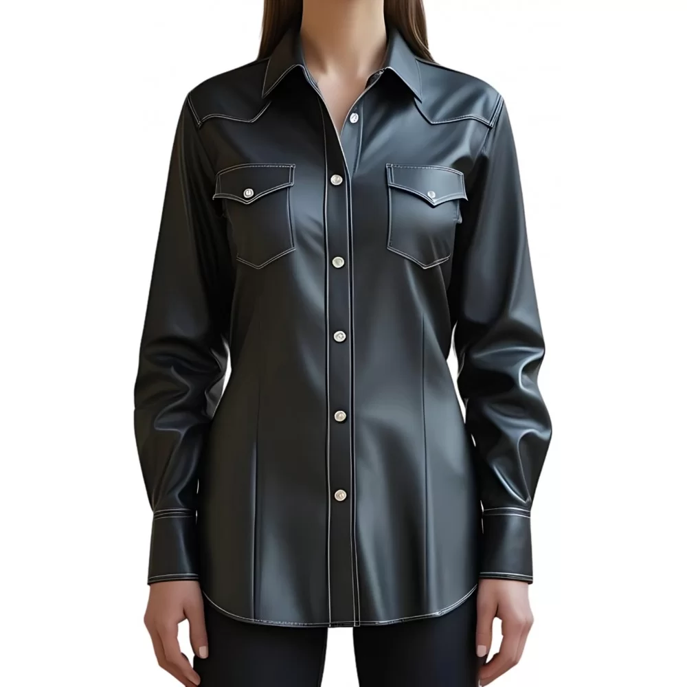 Chemise western en cuir d'agneau noir modèle Westrena