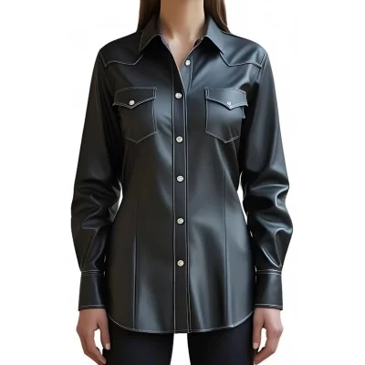 Chemise western en cuir d'agneau noir modèle Westrena