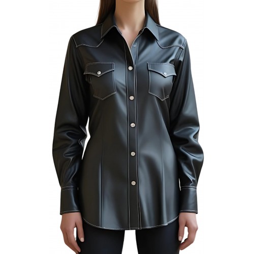 Chemise western en cuir d'agneau noir modèle Westrena