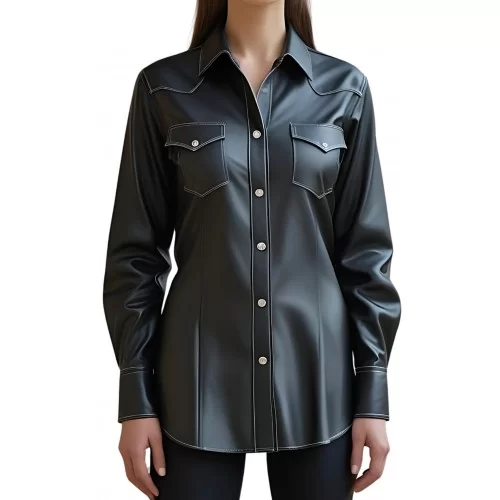 Chemise western en cuir d'agneau noir modèle Westrena