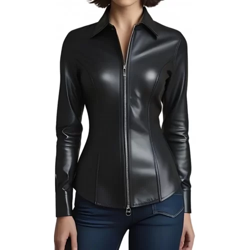 Chemise cuir femme en cuir d'agneau noir fermeture par zip modèle Pondirel