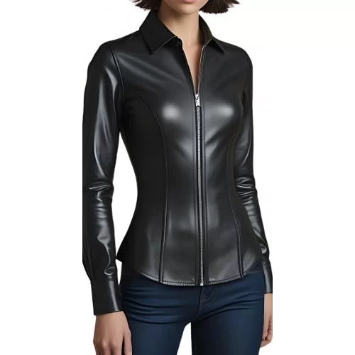 Chemise cuir femme en cuir d'agneau noir fermeture par zip modèle Pondirel