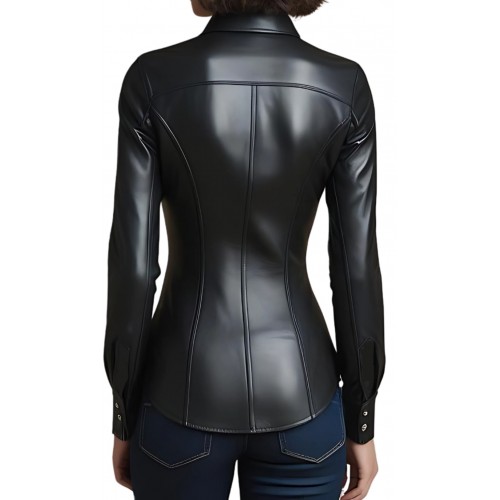 Chemise cuir femme en cuir d'agneau noir fermeture par zip modèle Pondirel