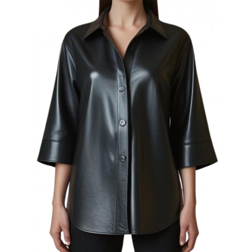 Chemise ample femme en cuir d'agneau noir manches courtes 2/3 modèle Betta