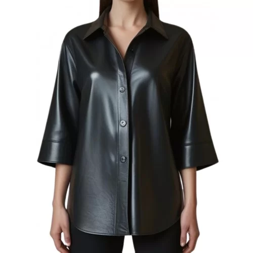 Chemise ample femme en cuir d'agneau noir manches courtes 2/3 modèle Betta