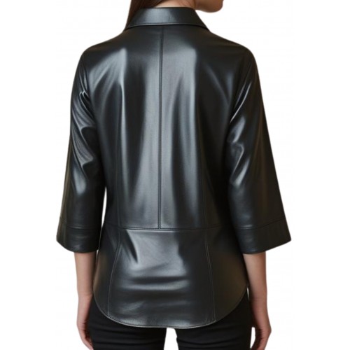 Chemise ample femme en cuir d'agneau noir manches courtes 2/3 modèle Betta