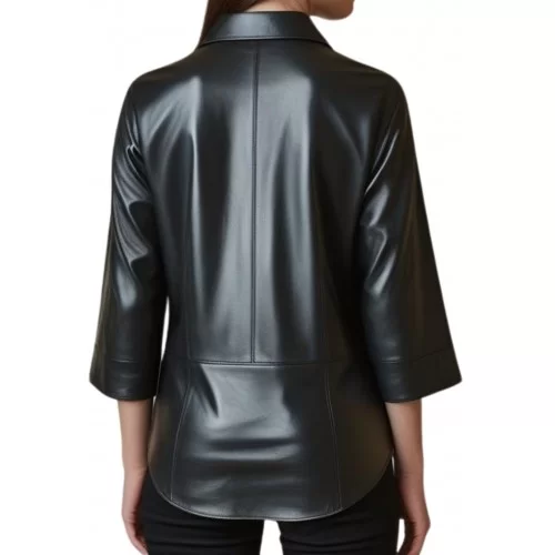 Chemise ample femme en cuir d'agneau noir manches courtes 2/3 modèle Betta