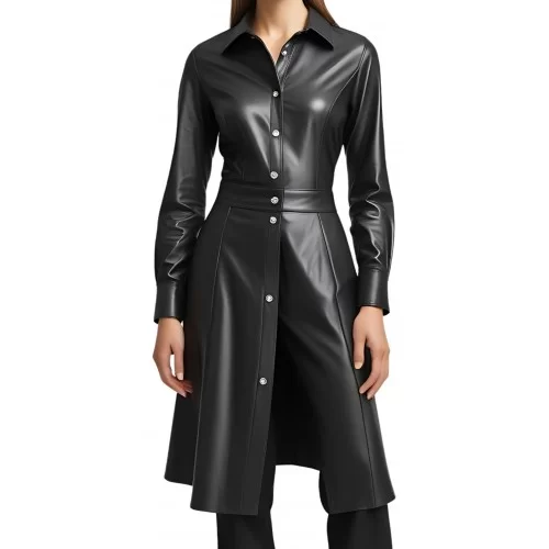 Chemise coupe longue style manteau en cuir d'agneau noir manches longues modèle Joanane