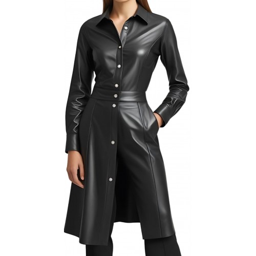 Chemise coupe longue style manteau en cuir d'agneau noir manches longues modèle Joanane