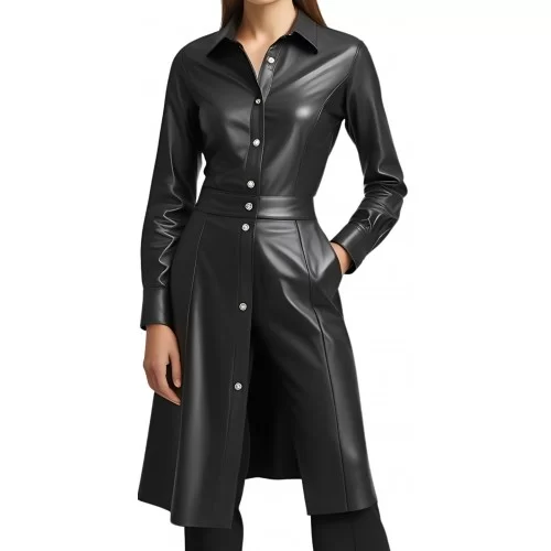 Chemise coupe longue style manteau en cuir d'agneau noir manches longues modèle Joanane