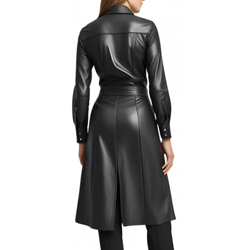 Chemise coupe longue style manteau en cuir d'agneau noir manches longues modèle Joanane