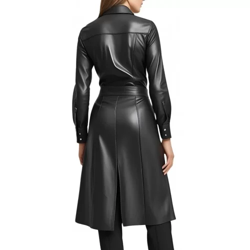 Chemise coupe longue style manteau en cuir d'agneau noir manches longues modèle Joanane
