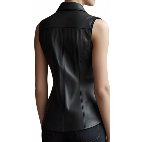 Chemise femme sans manches en cuir d'agneau noir modèle Cyrla