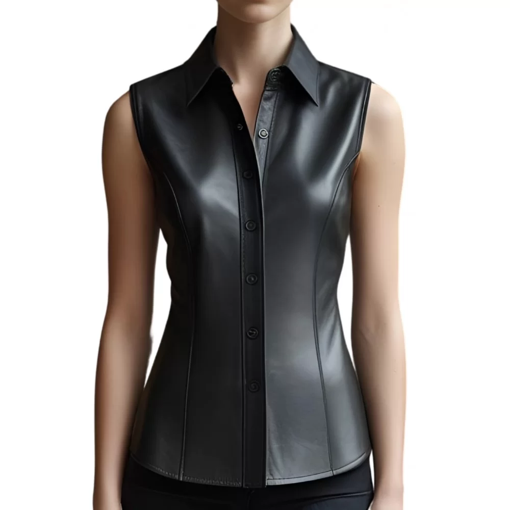 Chemise femme sans manches en cuir d'agneau noir modèle Cyrla
