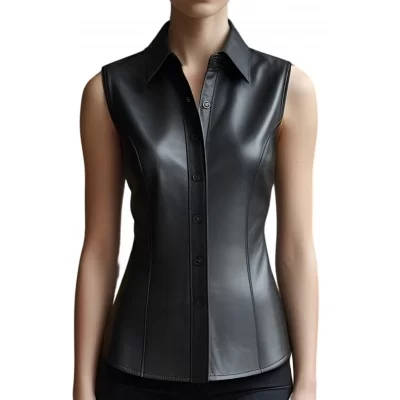 Chemise femme sans manches en cuir d'agneau noir modèle Cyrla