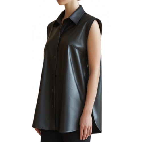 Chemise ample femme en cuir d'agneau noir sans manches modèle Cygnane