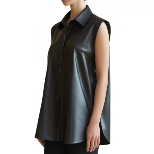 Chemise ample femme en cuir d'agneau noir sans manches modèle Cygnane