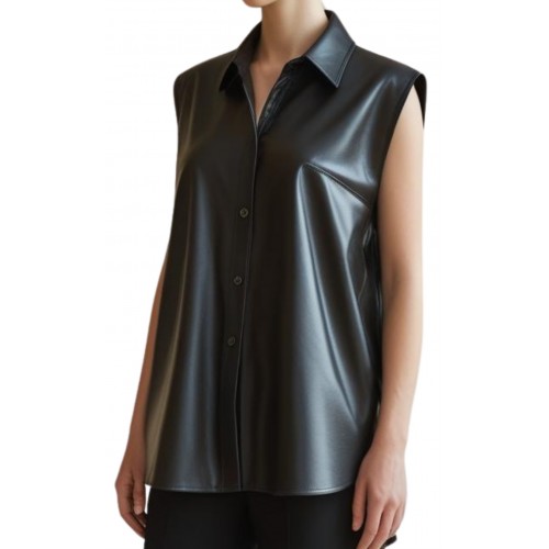 Chemise ample femme en cuir d'agneau noir sans manches modèle Cygnane