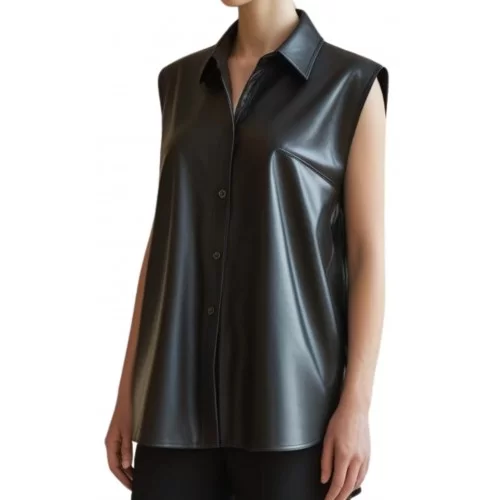 Chemise ample femme en cuir d'agneau noir sans manches modèle Cygnane