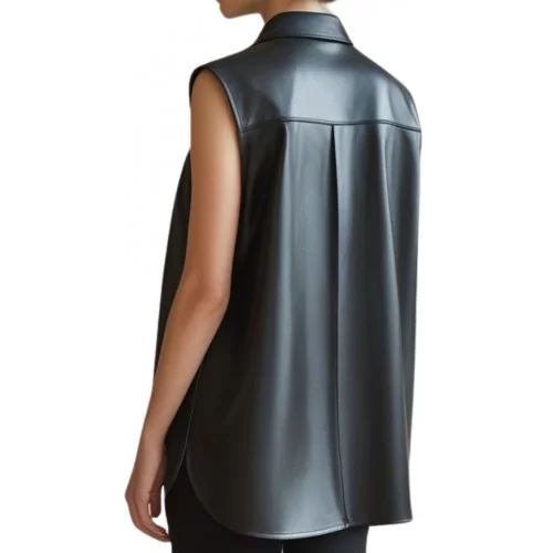Chemise ample femme en cuir d'agneau noir sans manches modèle Cygnane