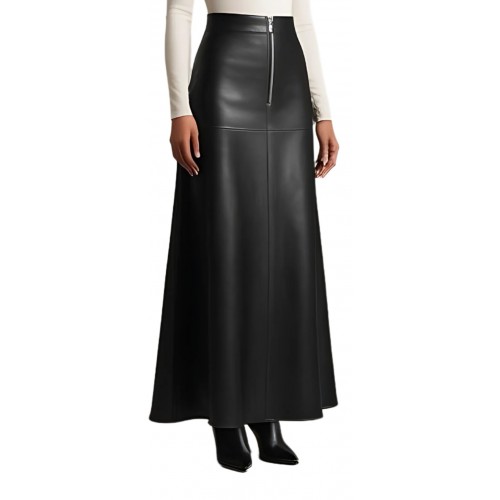 Jupe longue en cuir d'agneau noir modèle Philipinon