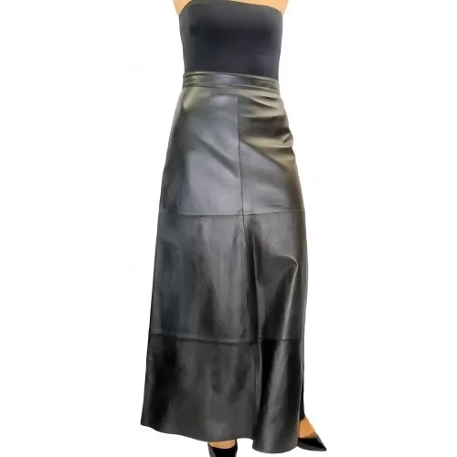 Jupe longue en cuir d'agneau noir modèle Noméa