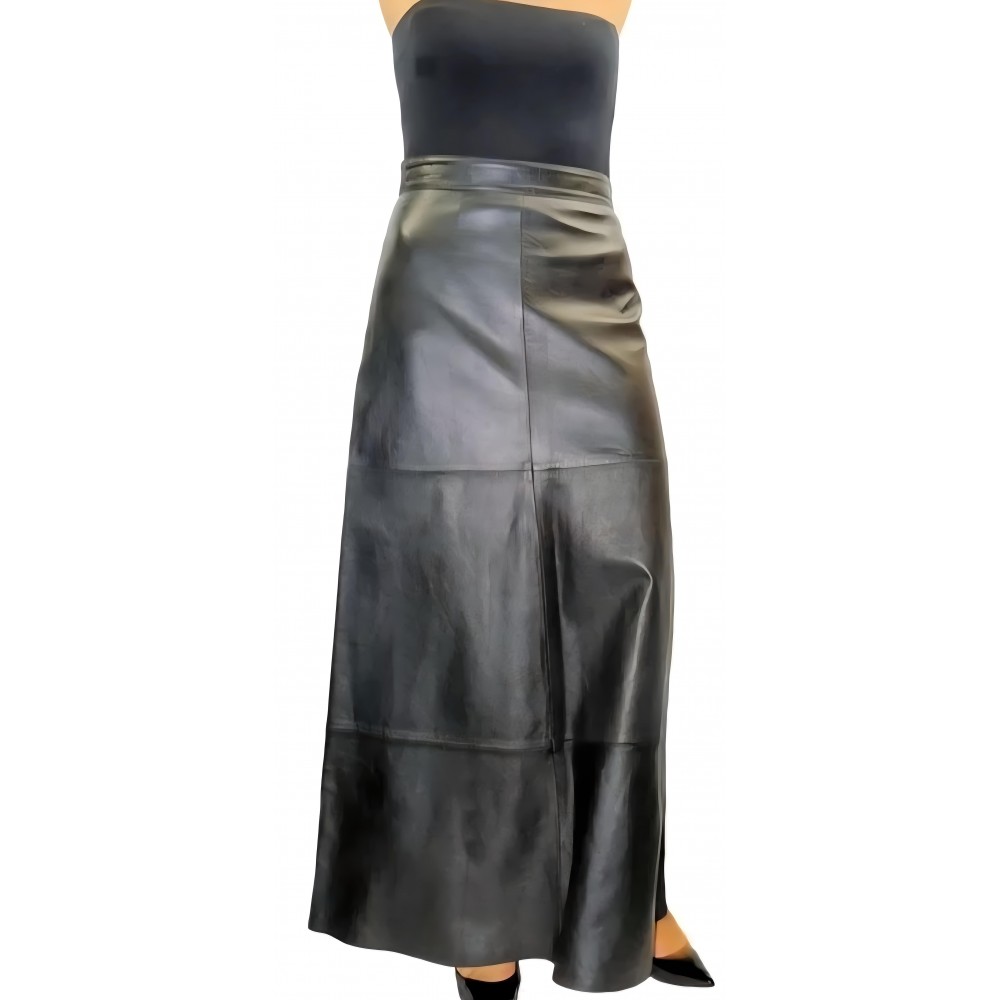 Jupe longue en cuir d'agneau noir modèle Noméa