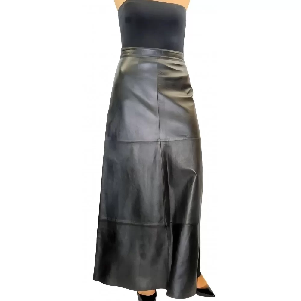 Jupe longue en cuir d'agneau noir modèle Noméa