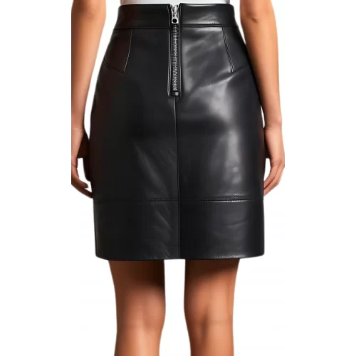 Jupe mi longue en cuir d'agneau noir avec ouverture par zip au dos modèle Prunile