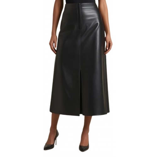 Jupe longue évasée en cuir d'agneau noir modèle Gamina