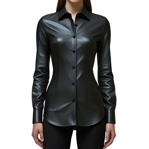 Chemise femme en cuir d'agneau stretch noir manches longues modèle Aramicia