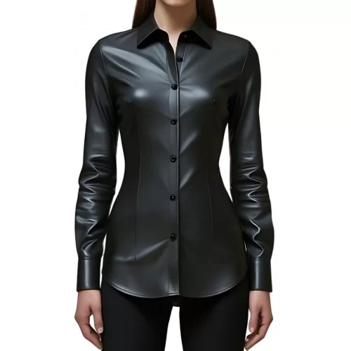 Chemise femme en cuir d'agneau stretch noir manches longues modèle Aramicia