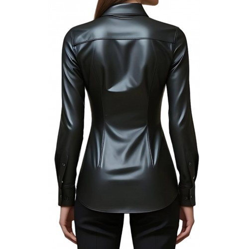 Chemise femme en cuir d'agneau stretch noir manches longues modèle Aramicia