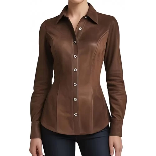 Chemise femme en peau d'agneau velours daim marron gold modèle Smirna